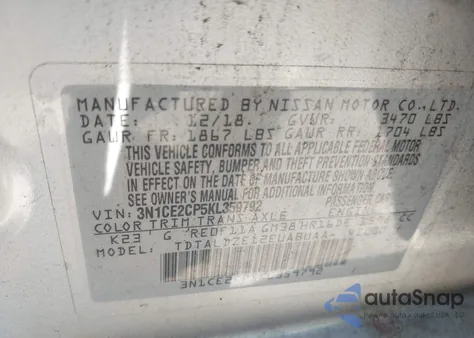 2019 Nissan Versa Note Sv z USA, uszkodzony, nr VIN 3N1CE2CP5KL359792